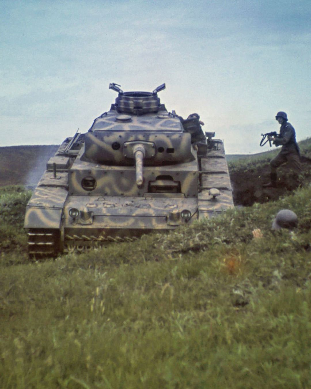 Driving lesson on a Panzer III - original caption 