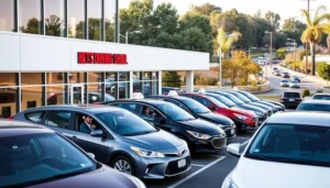 Row of training cars parked outside a driving school building in New Jersey