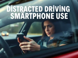 Driver using a smartphone behind the wheel illustrating distracted driving awareness