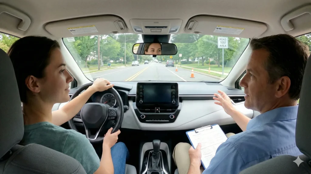 Driving instructor coaching a student during NJ road test preparation in a dual brake vehicle