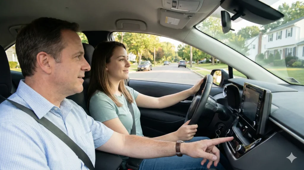 Driving instructor guiding a 17-year-old student during an on-road driving lesson in New Jersey