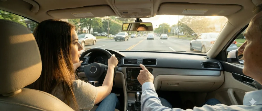 Driving instructor coaching a student during a real road driving lesson in New Jersey